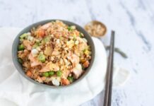 Cooking … Salmon and pine nut fried rice